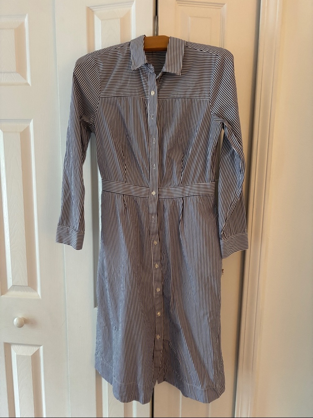 J. Crew Blue and White Striped Midi Shirt Dress